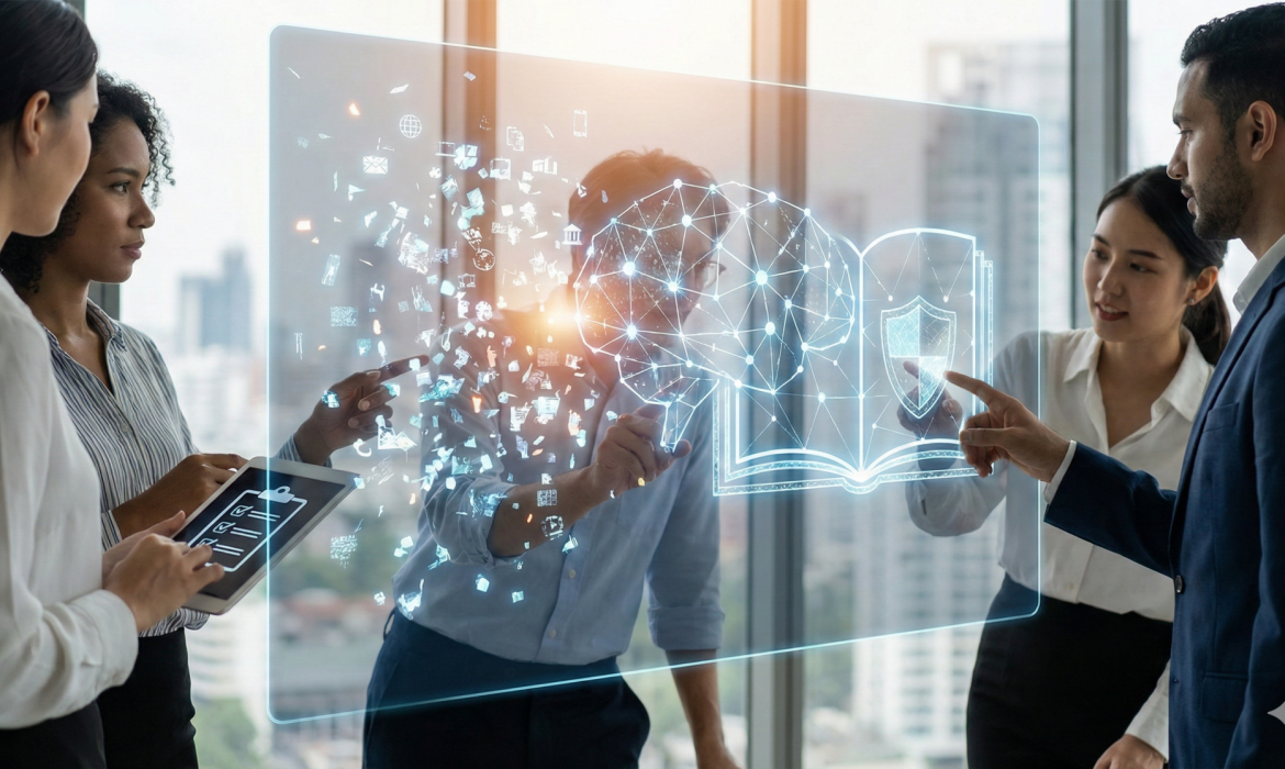 Schematische Darstellung von KI-Kompetenz im Unternehmen mit Fokus auf Sicherheit und Wissensaufbau gemäß den Anforderungen des EU AI Act.