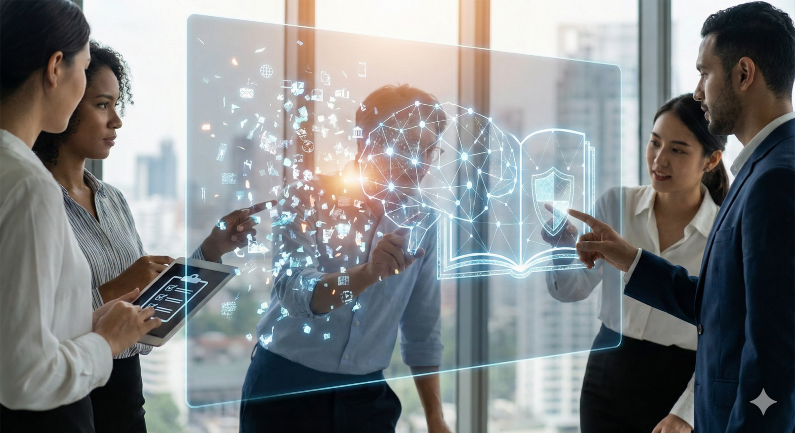 Schematische Darstellung von KI-Kompetenz im Unternehmen mit Fokus auf Sicherheit und Wissensaufbau gemäß den Anforderungen des EU AI Act.