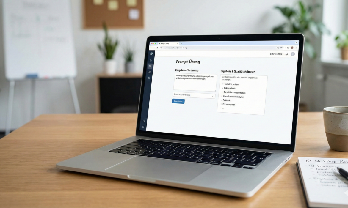 KI Workshop für Kommunikations- und Marketingteams mit einer Laptop-Anzeige für Prompt-Übungen und Qualitätskriterien.