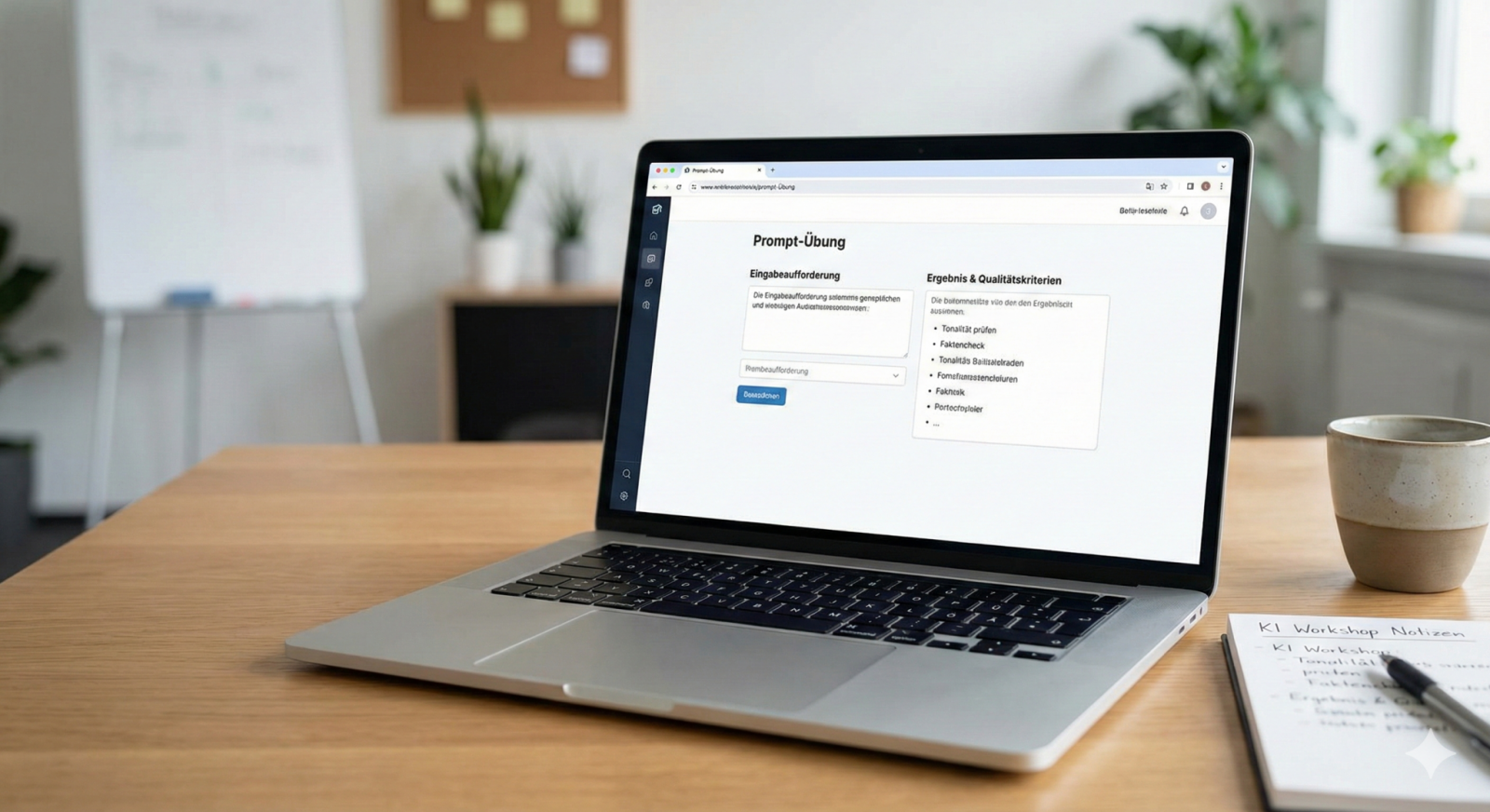 KI Workshop für Kommunikations- und Marketingteams mit einer Laptop-Anzeige für Prompt-Übungen und Qualitätskriterien.