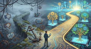 Digitaler Scheideweg: ROI von Training in KI und Kommunikation. Eine Person steht an einer Weggabelung: Links ein düsterer, zerfallender Pfad mit rostigen Zahnrädern und kaputten Social-Media-Symbolen. Rechts ein heller, leuchtender Pfad mit digitalen Schaltkreisen und Bäumen, die aus Tablets wachsen und KI-Symbole tragen.