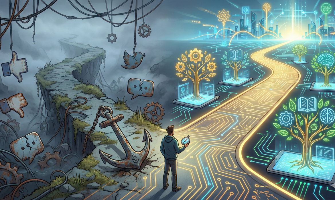 Eine Person steht an einer Weggabelung: Links ein düsterer, zerfallender Pfad mit rostigen Zahnrädern und kaputten Social-Media-Symbolen. Rechts ein heller, leuchtender Pfad mit digitalen Schaltkreisen und Bäumen, die aus Tablets wachsen und KI-Symbole tragen.